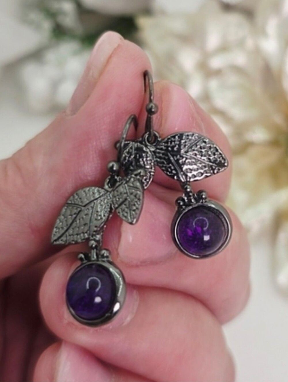 Round Amethyst French Hook Earrings on 925 Sterling Silver